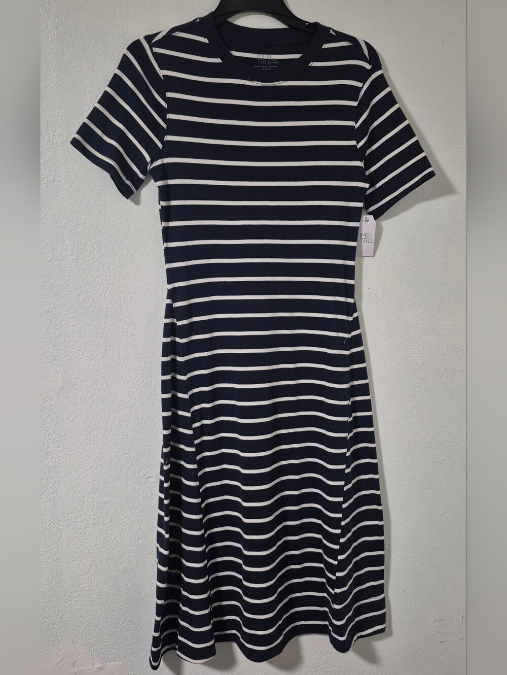 Time and Tru Navy and White Striped Short-Sleeve Midi Dress